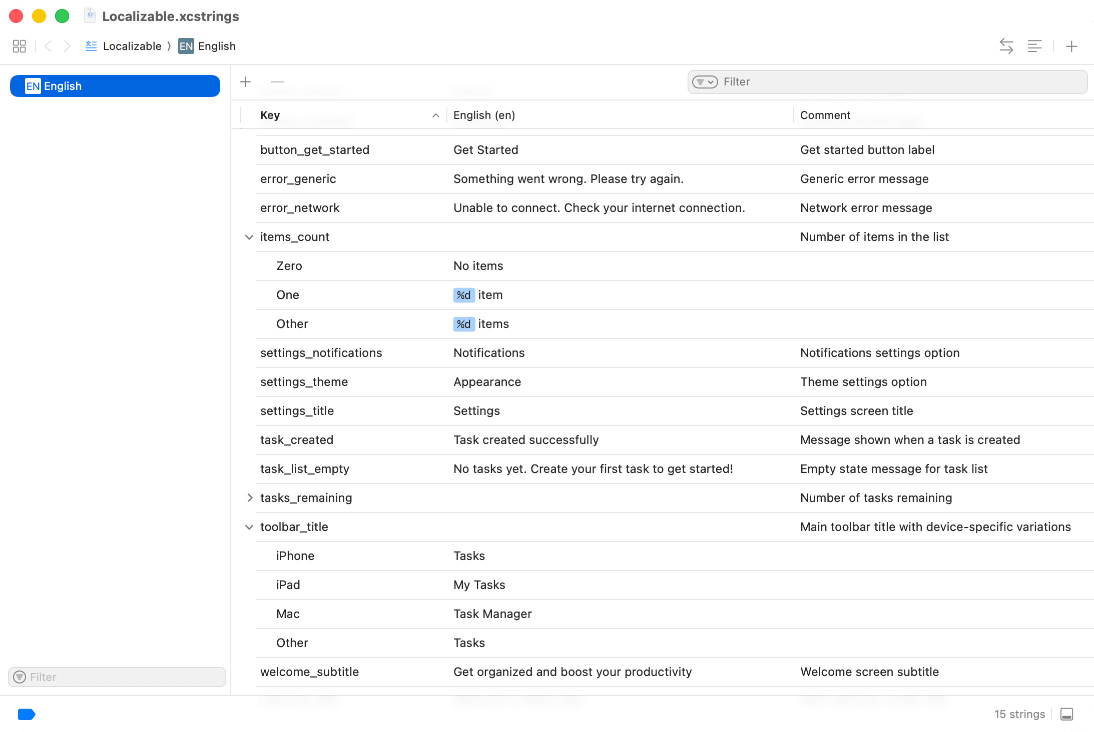 String Catalog structure in Xcode showing strings, translations, and plural forms