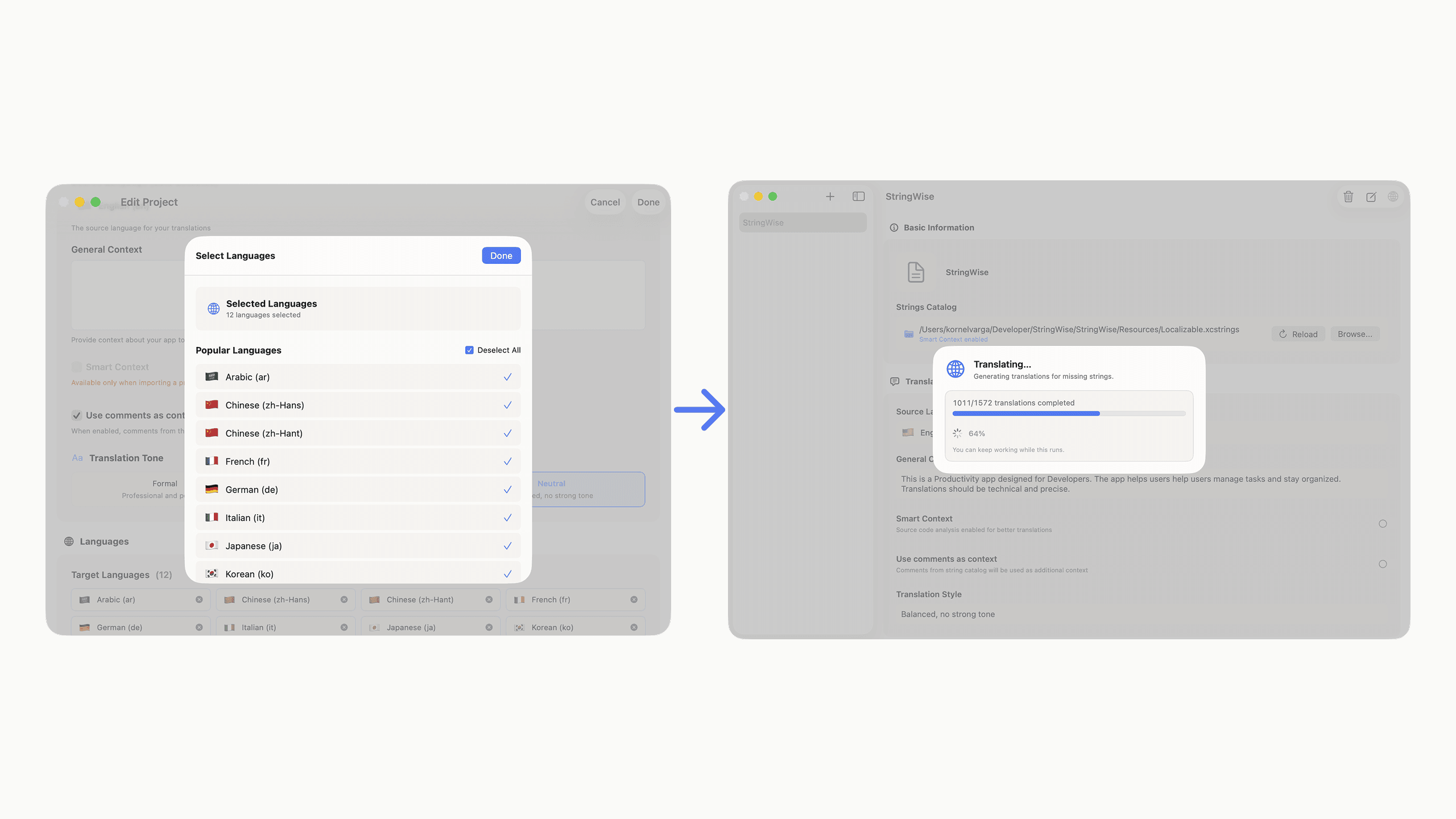 StringWise translating multiple languages simultaneously