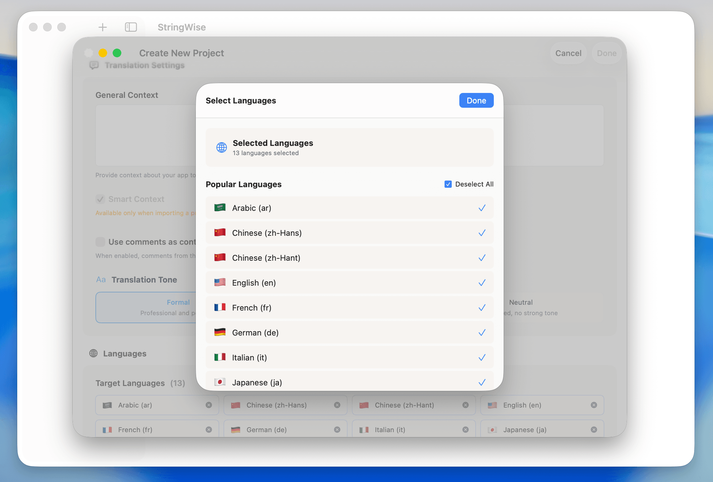 Language selection panel in StringWise showing available target languages