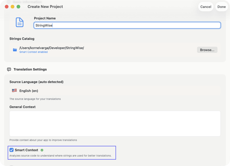 StringWise import dialog showing project folder selection for Smart Context