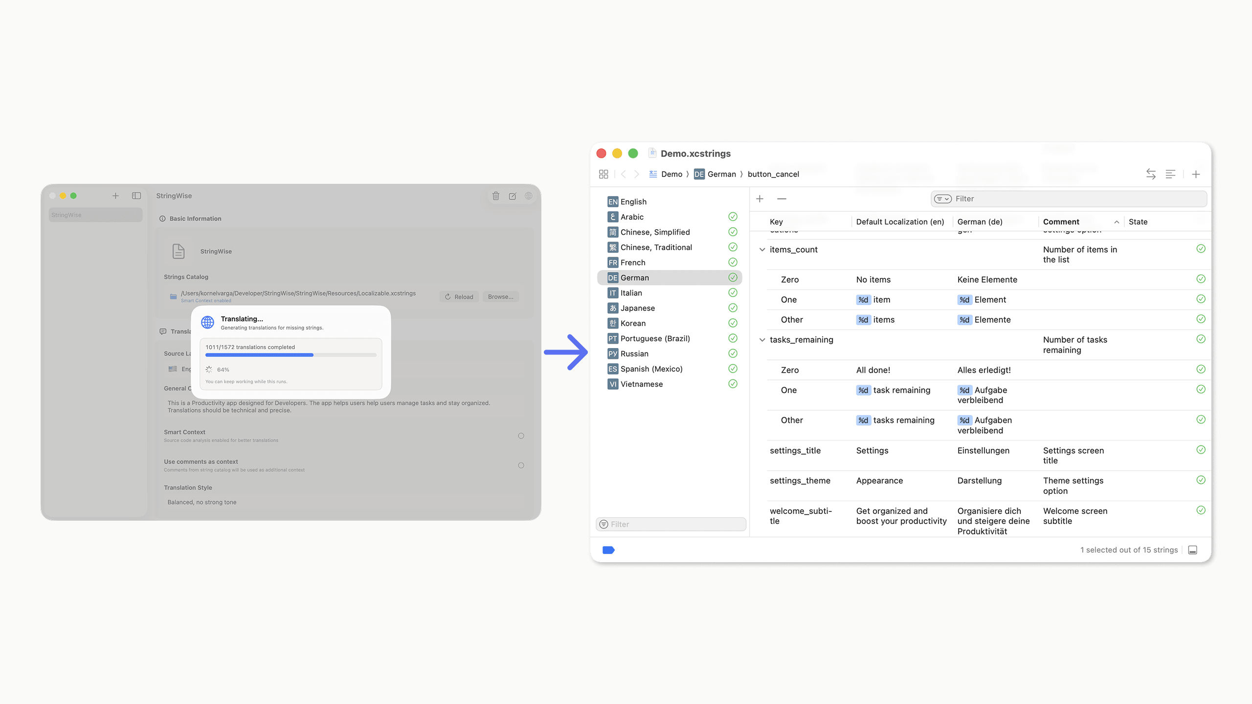 StringWise showing completed translations with validation results