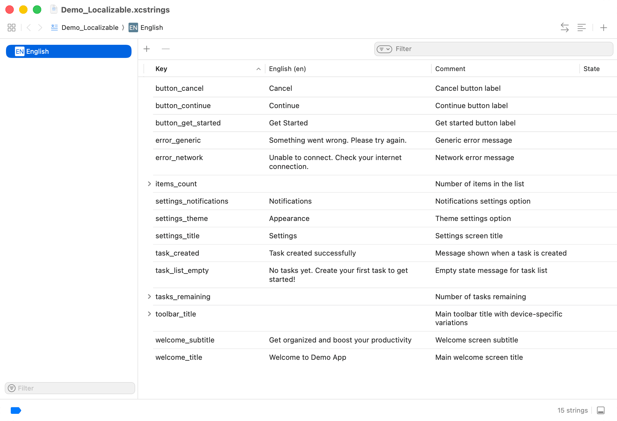 Xcode String Catalog editor showing comment field for translation context