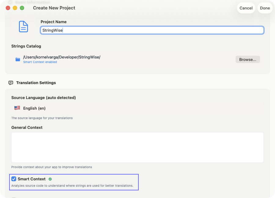 StringWise import dialog showing project folder selection for Smart Context